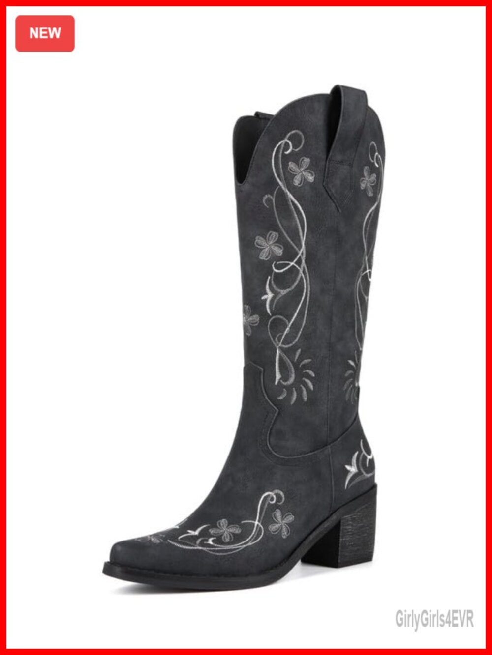 Womens Mid Calf Cowboy Floral Pointed Toe Chunky Boots Faux Leather